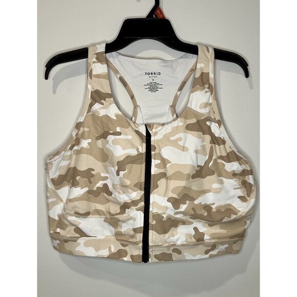 Torrid Active Neutral Beige Camo Print Racerback Zip From Sports Bra Size 3 EUC! - Picture 2 of 5